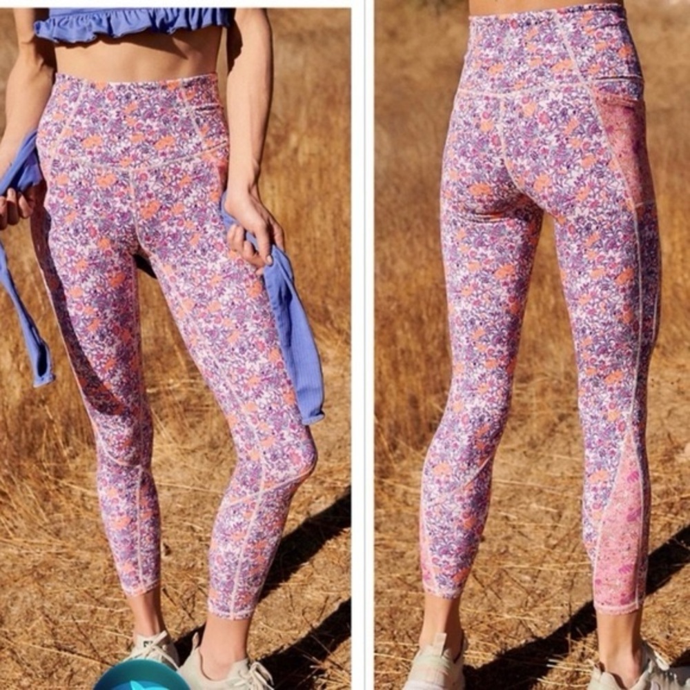 FP Movement by Free People Pink & Orange Floral High-Waist Leggings